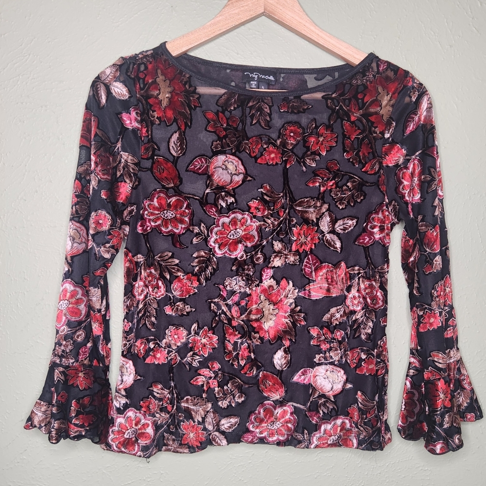 Vintage Y2K Black Sheer Floral Velvet Burnout Shirt My Michelle Large